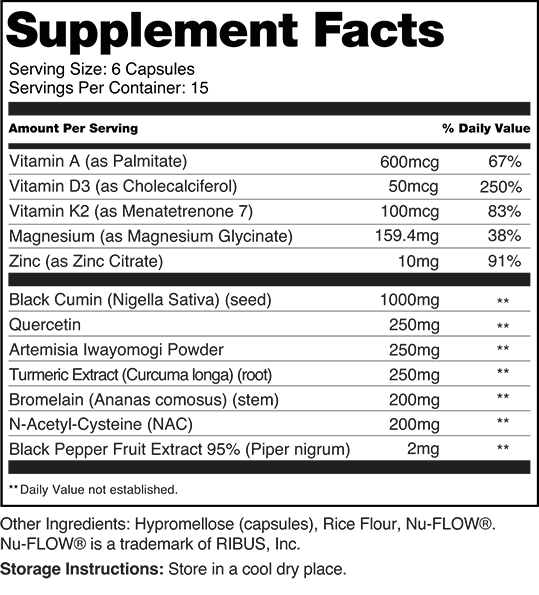 AntiVir Bottle Label Supplement facts and Ingredients amounts