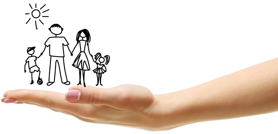 A hand holding a line drawing of a family
